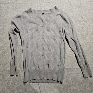 Gray V‎ Neck Sweater Long Sleeve Textured Knit Pullover Top